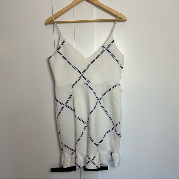 🎆 ASOS wrap mini dress sz 10 large blue white summer feminine ruffle spaghetti - Picture 2 of 7